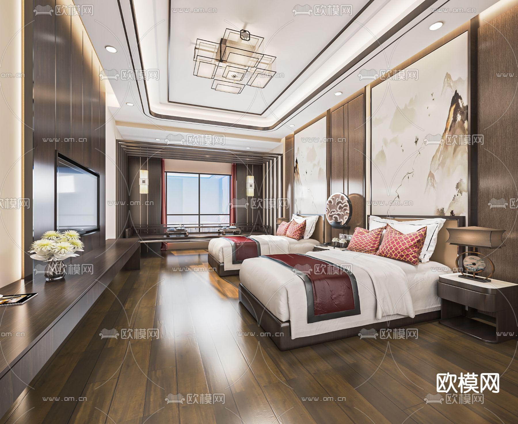 新中式客房 双床房su模型下载（渲染图1）