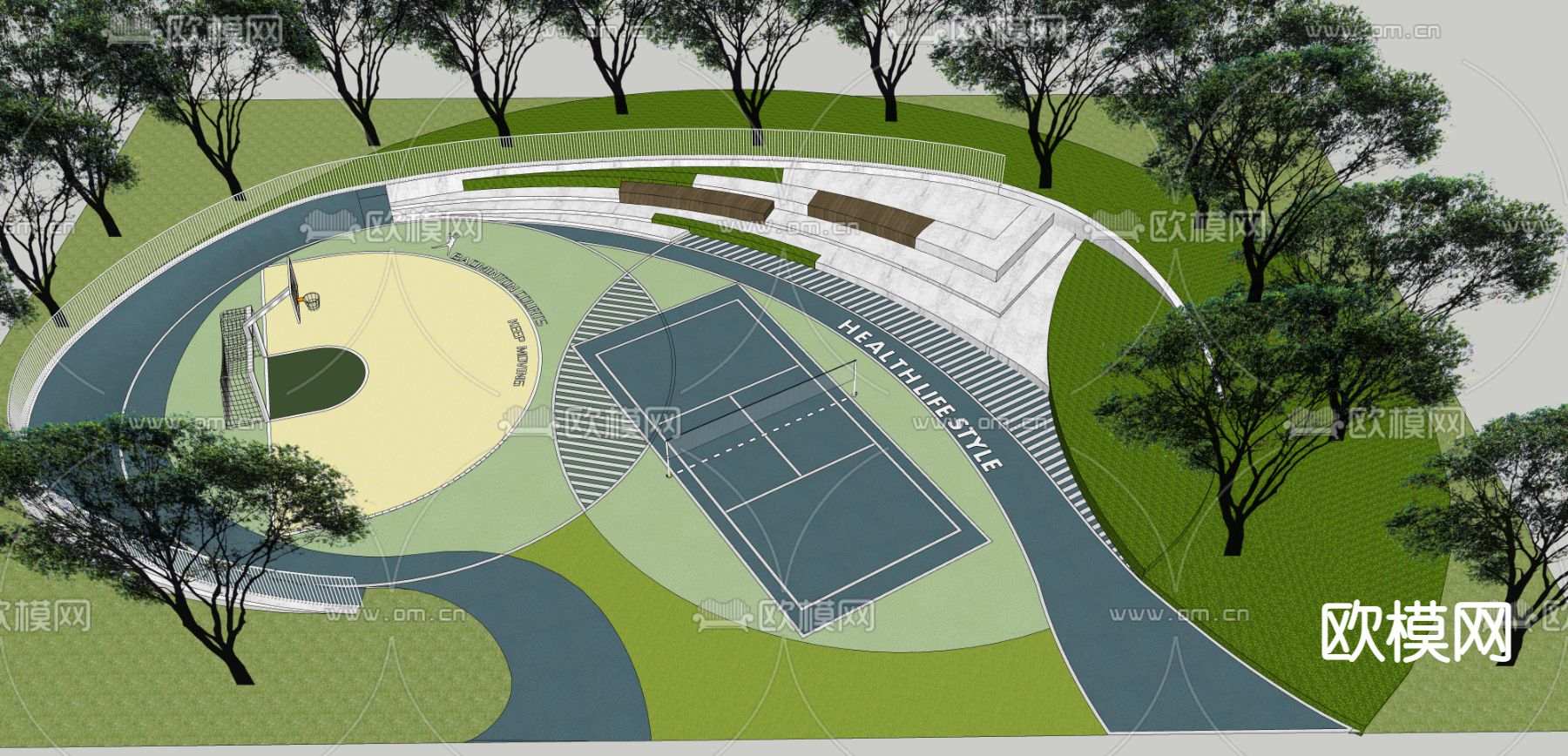 现代篮球场 羽毛球场su模型下载（渲染图2）