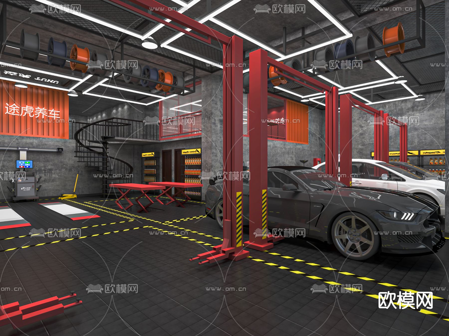 工业风汽修店 汽车美容su模型下载（渲染图1）