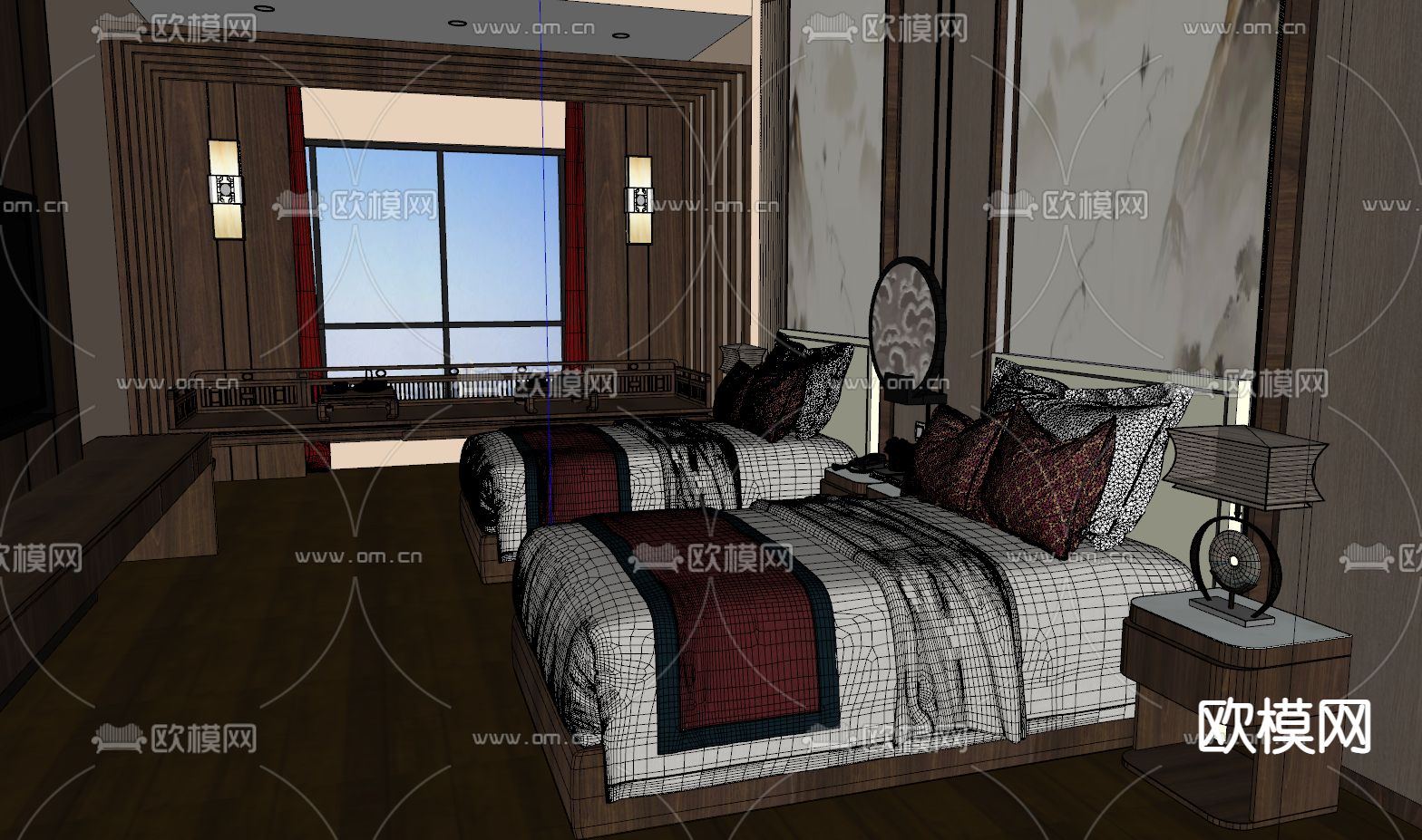 新中式客房 双床房su模型下载（渲染图2）