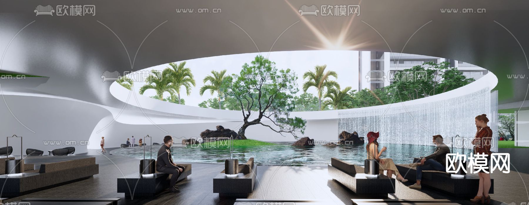 现代艺术连廊水景su模型下载（渲染图1）