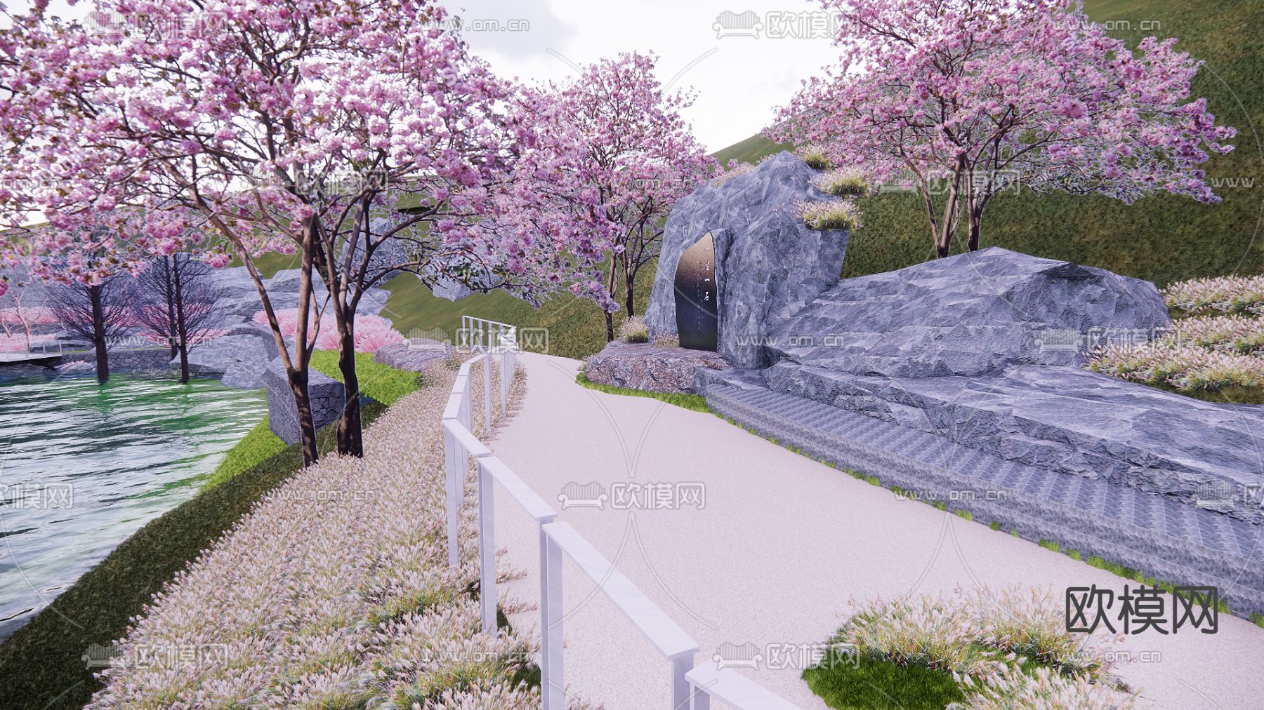 自然滨水公园栈道su模型下载（渲染图1）