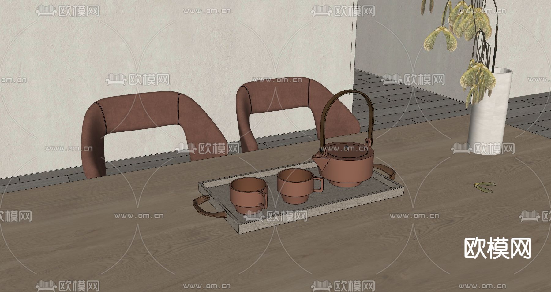 新中式茶桌 茶台su模型下载（渲染图4）