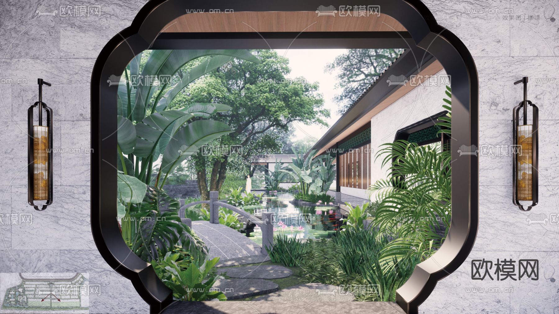 中式庭院景观su模型下载（渲染图2）