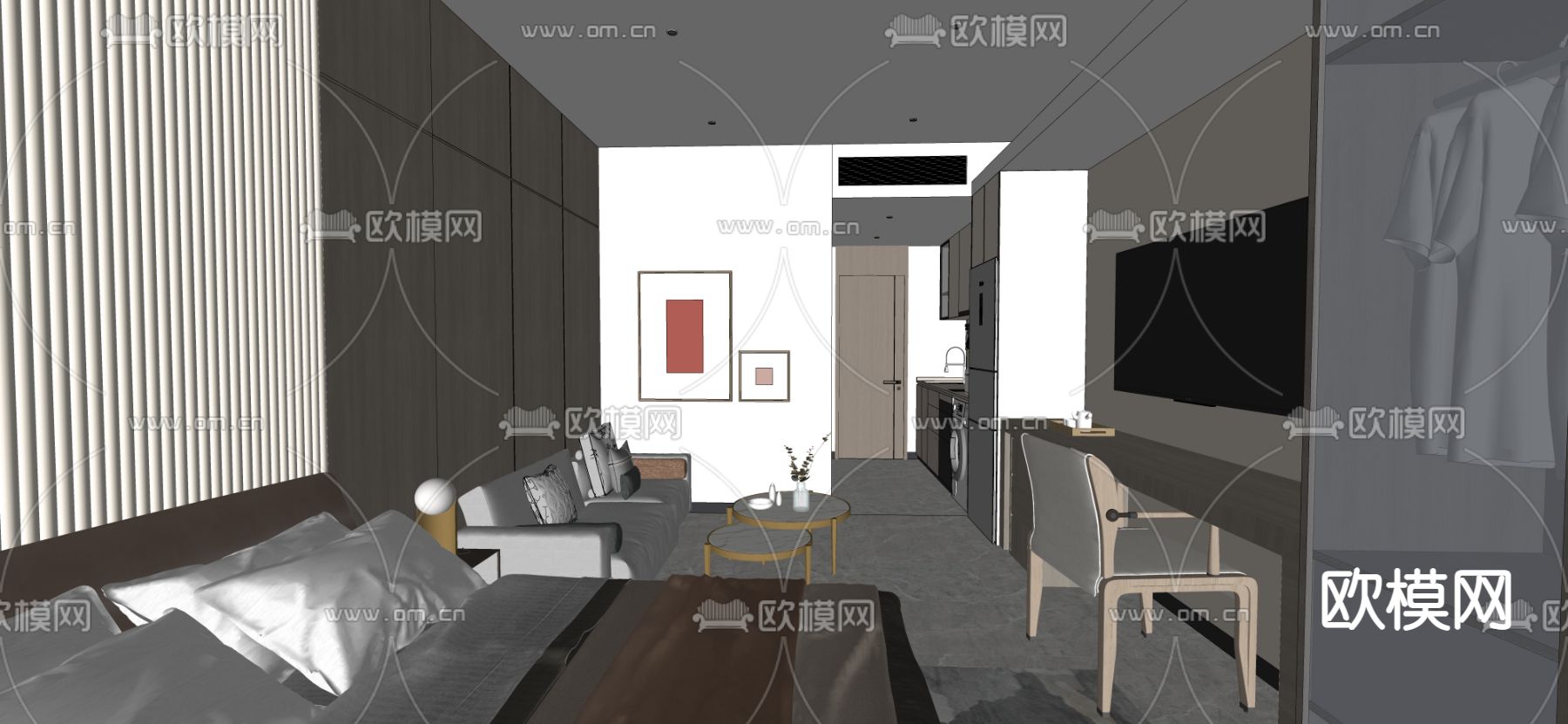 公寓式酒店 客房 套房su模型下载（渲染图3）