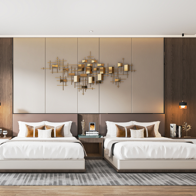  酒店客房 双床房su模型 