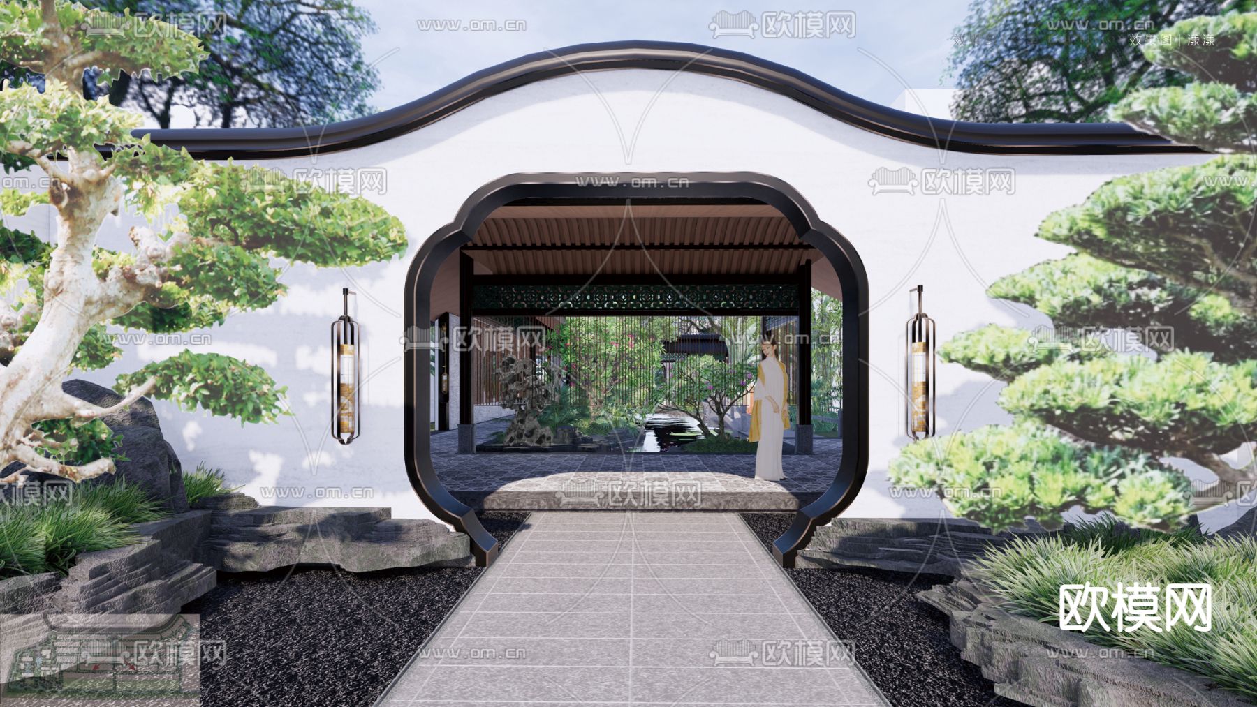 中式庭院景观su模型下载（渲染图1）