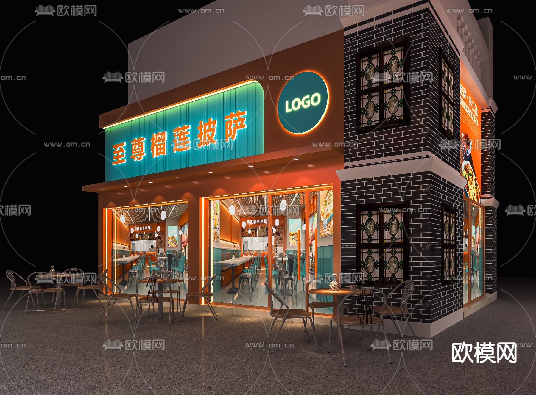 披萨店门头 门面su模型下载（渲染图1）