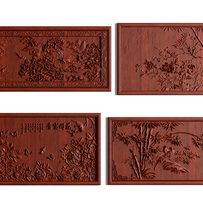  中式实木浮雕雕刻画su模型 