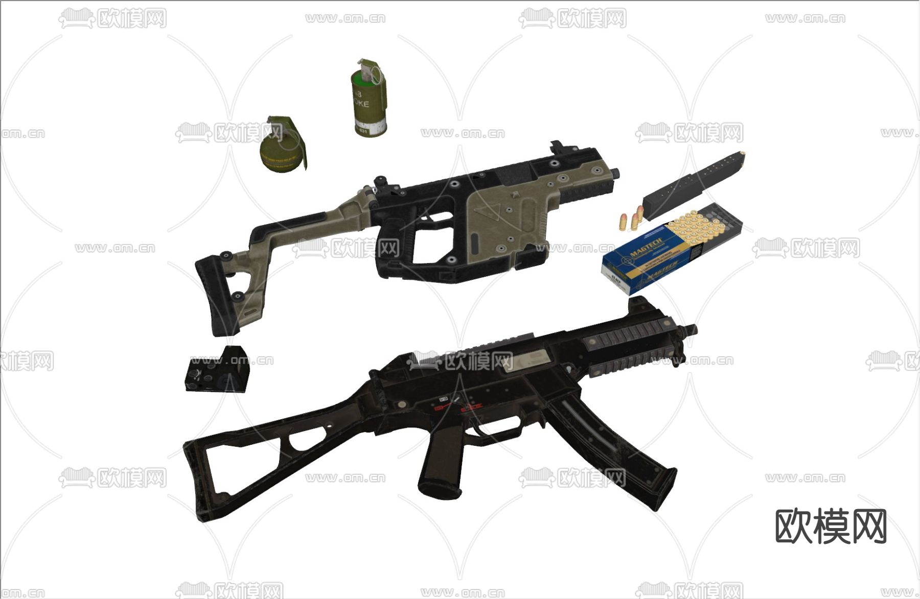 冲锋枪 手雷 烟雾弹su模型下载（渲染图4）