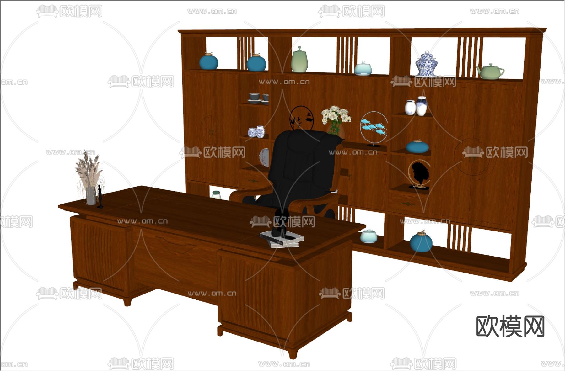 新中式班台桌椅su模型下载（渲染图3）