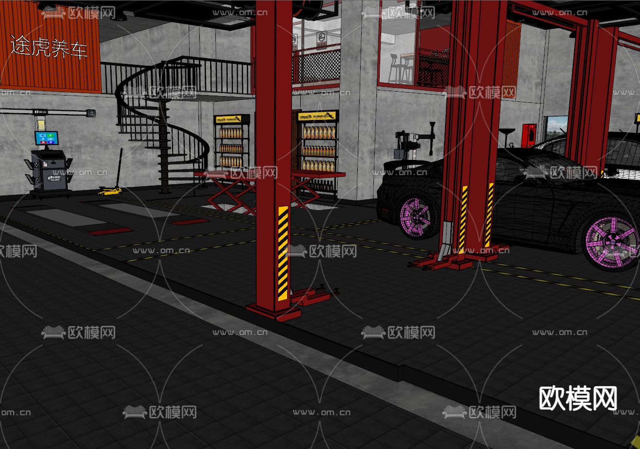 工业风汽修店 汽车美容su模型下载（渲染图2）