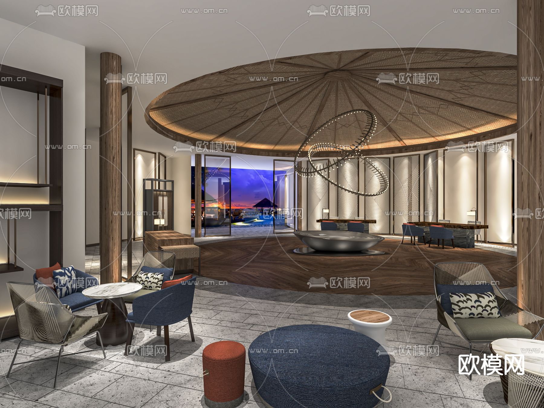 新中式酒店 大堂吧su模型下载（渲染图1）