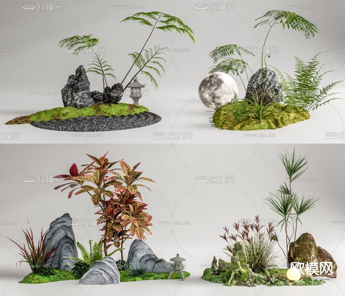 植物堆 苔藓 蕨类植物 鹅卵石3d模型下载
