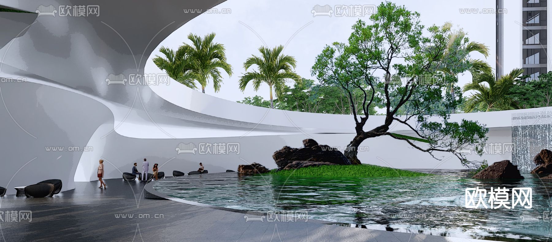 现代艺术连廊水景su模型下载（渲染图3）