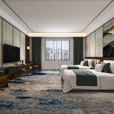  新中式酒店客房 双床房su模型 