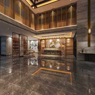  新中式酒店大堂su模型 