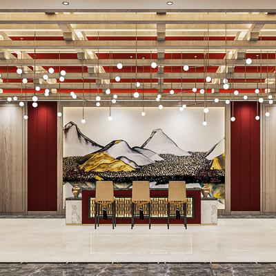  新中式酒店大堂su模型 