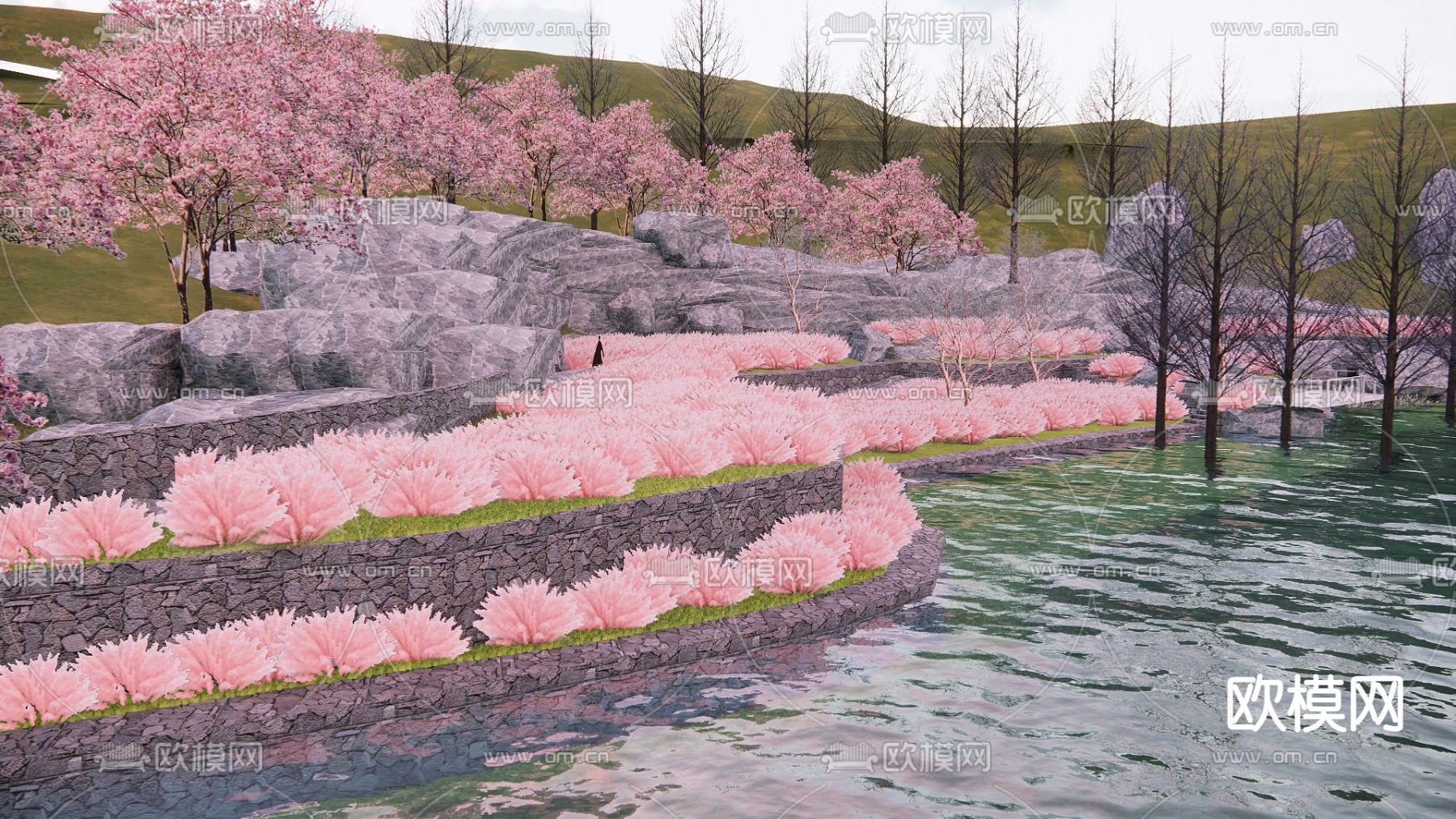 自然滨水公园栈道su模型下载（渲染图2）