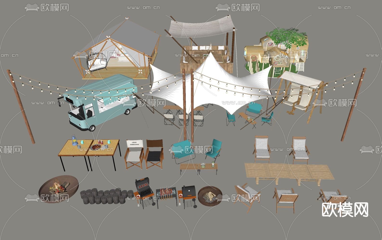 现代露营帐篷 售卖车su模型下载（渲染图2）
