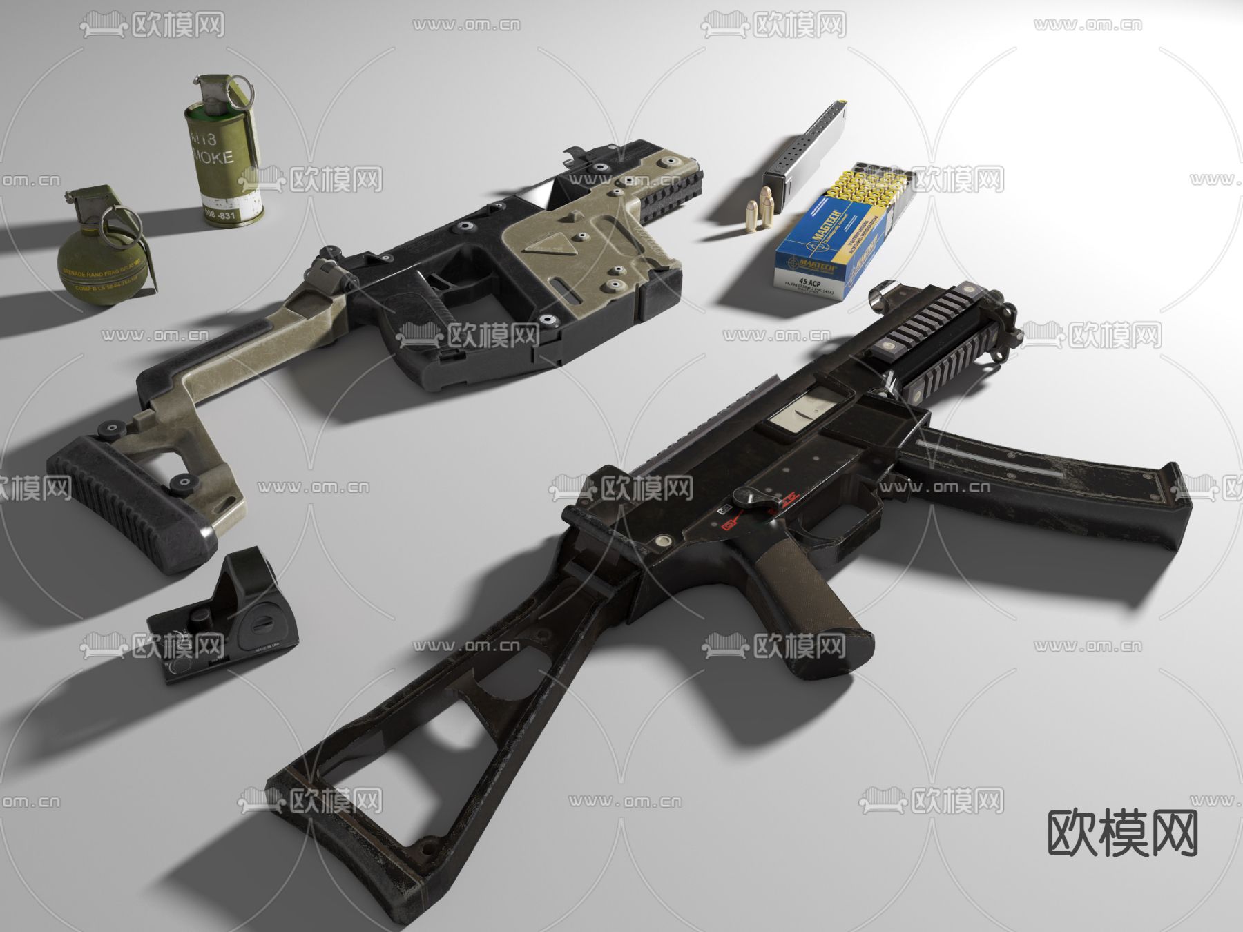 冲锋枪 手雷 烟雾弹su模型下载（渲染图1）