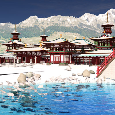  唐风古建雪景 寺庙禅院su模型 