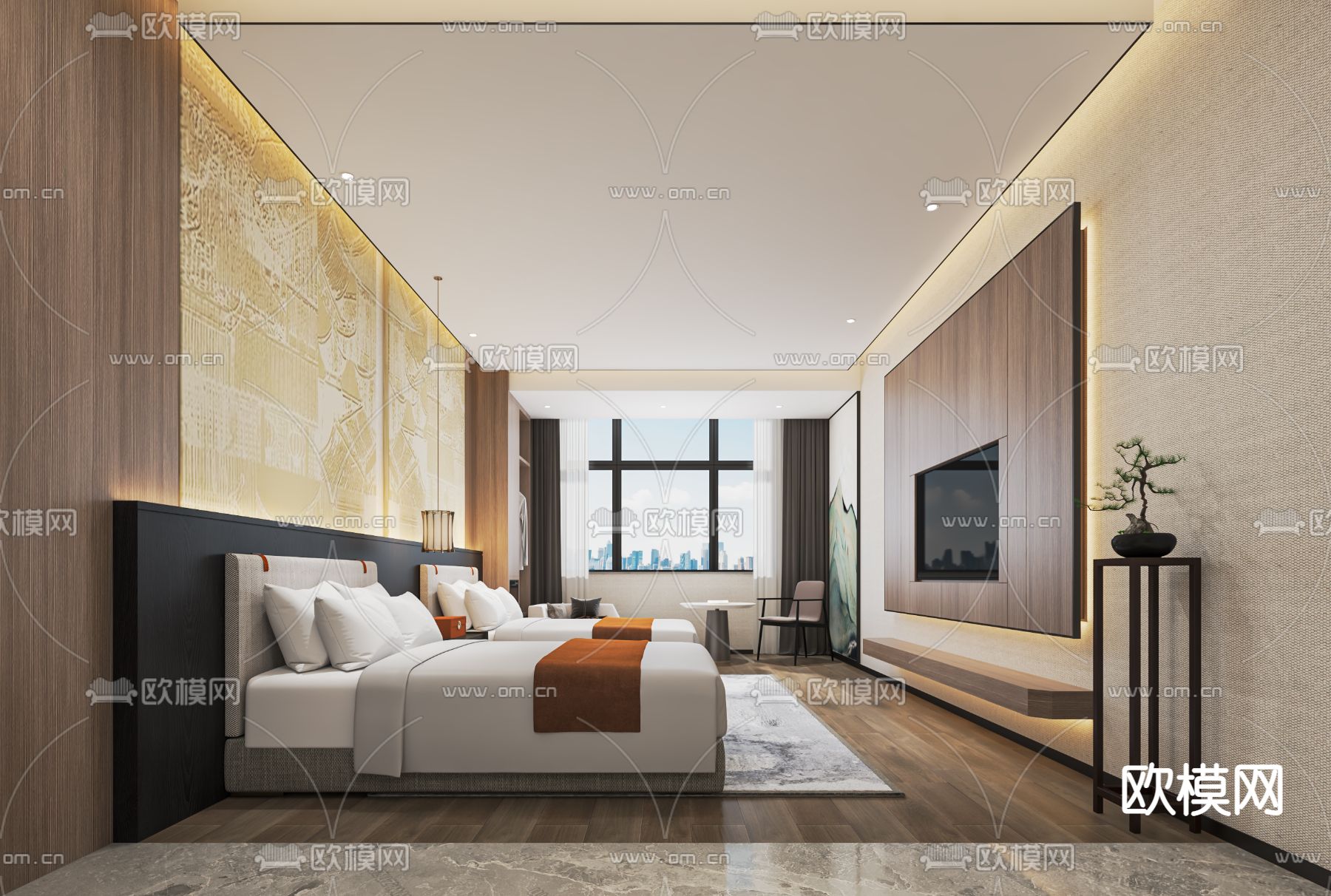 新中式酒店客房su模型下载（渲染图1）