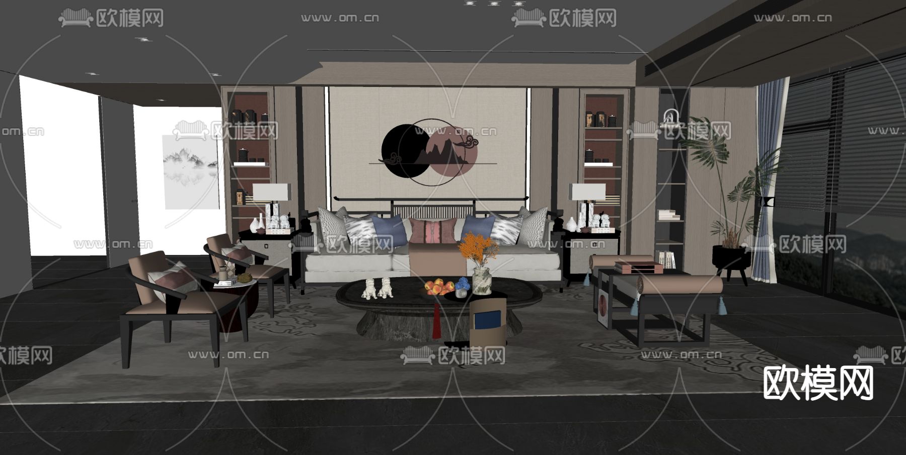 新中式客厅su模型下载（渲染图2）