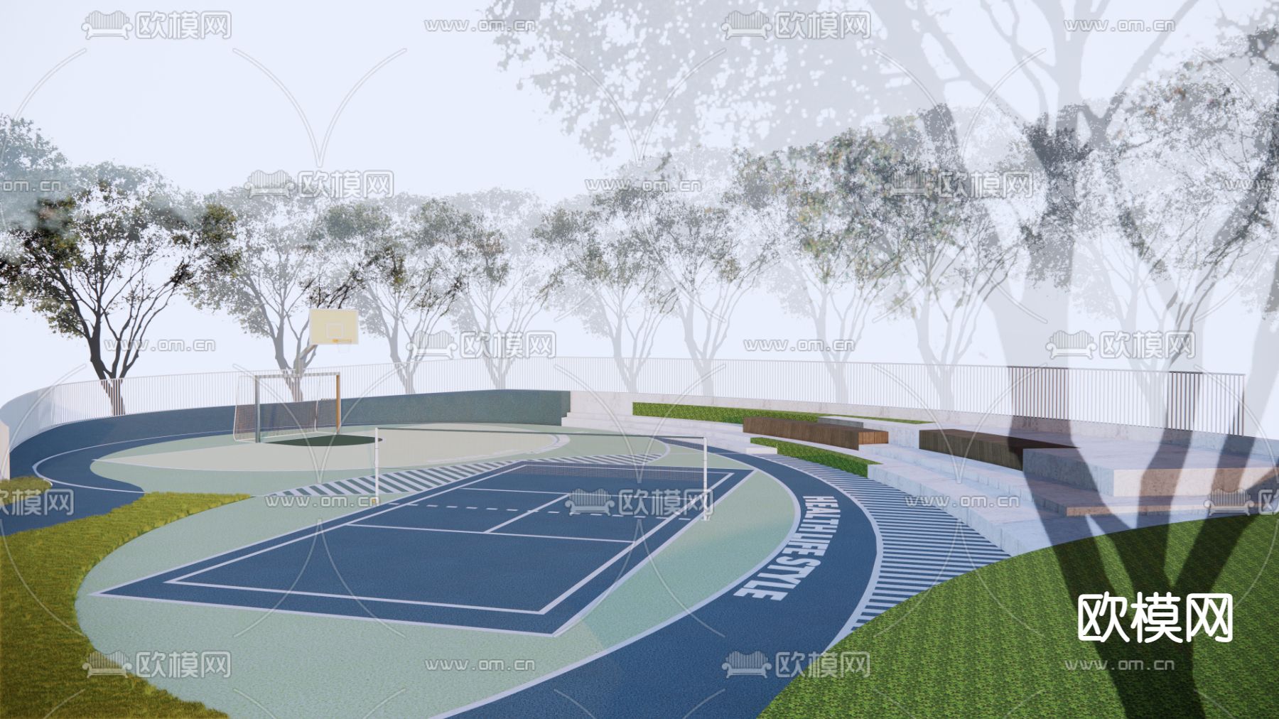 现代篮球场 羽毛球场su模型下载（渲染图3）