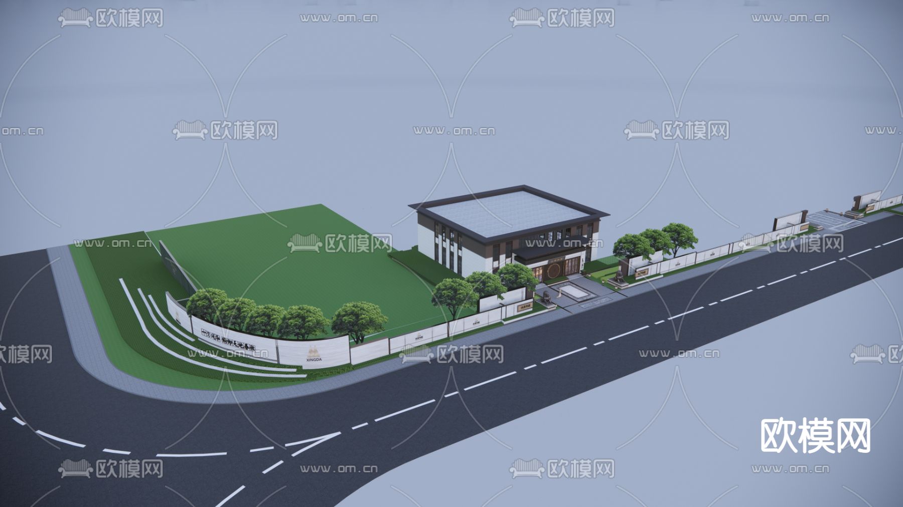 中式会所外观su模型下载（渲染图2）