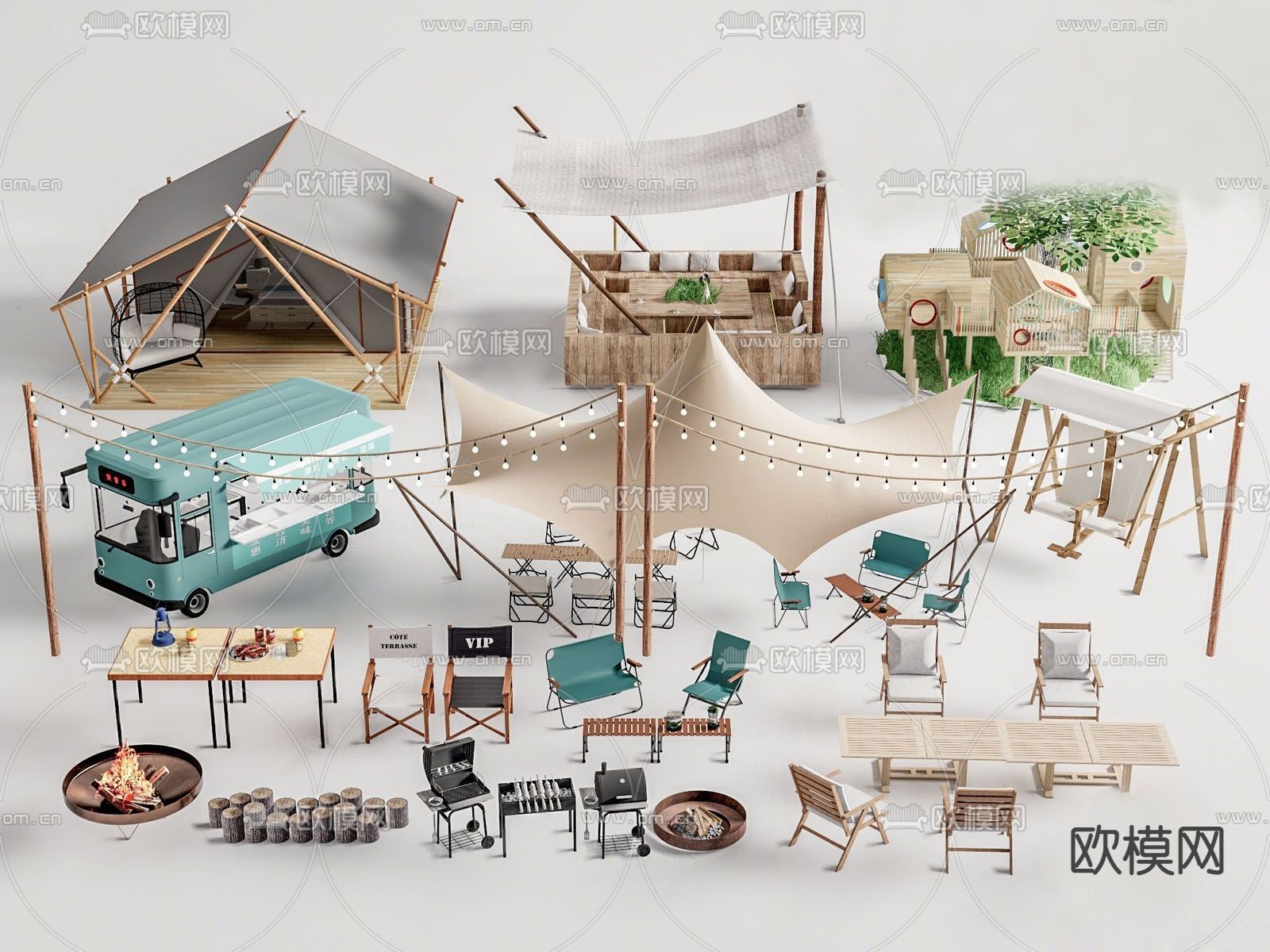 现代露营帐篷 售卖车su模型下载（渲染图1）