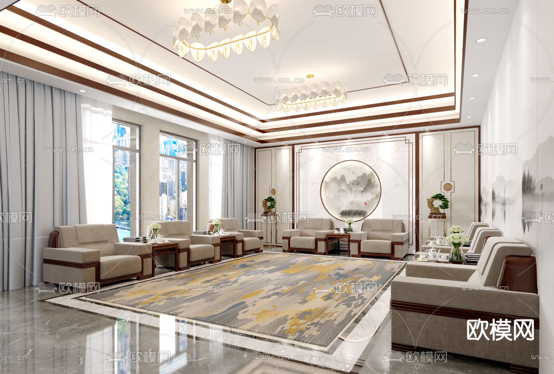 新中式待客室su模型下载（渲染图2）