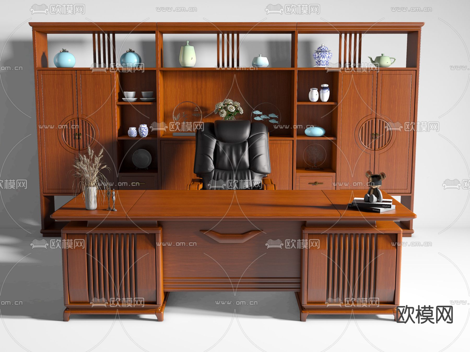 新中式班台桌椅su模型下载（渲染图1）