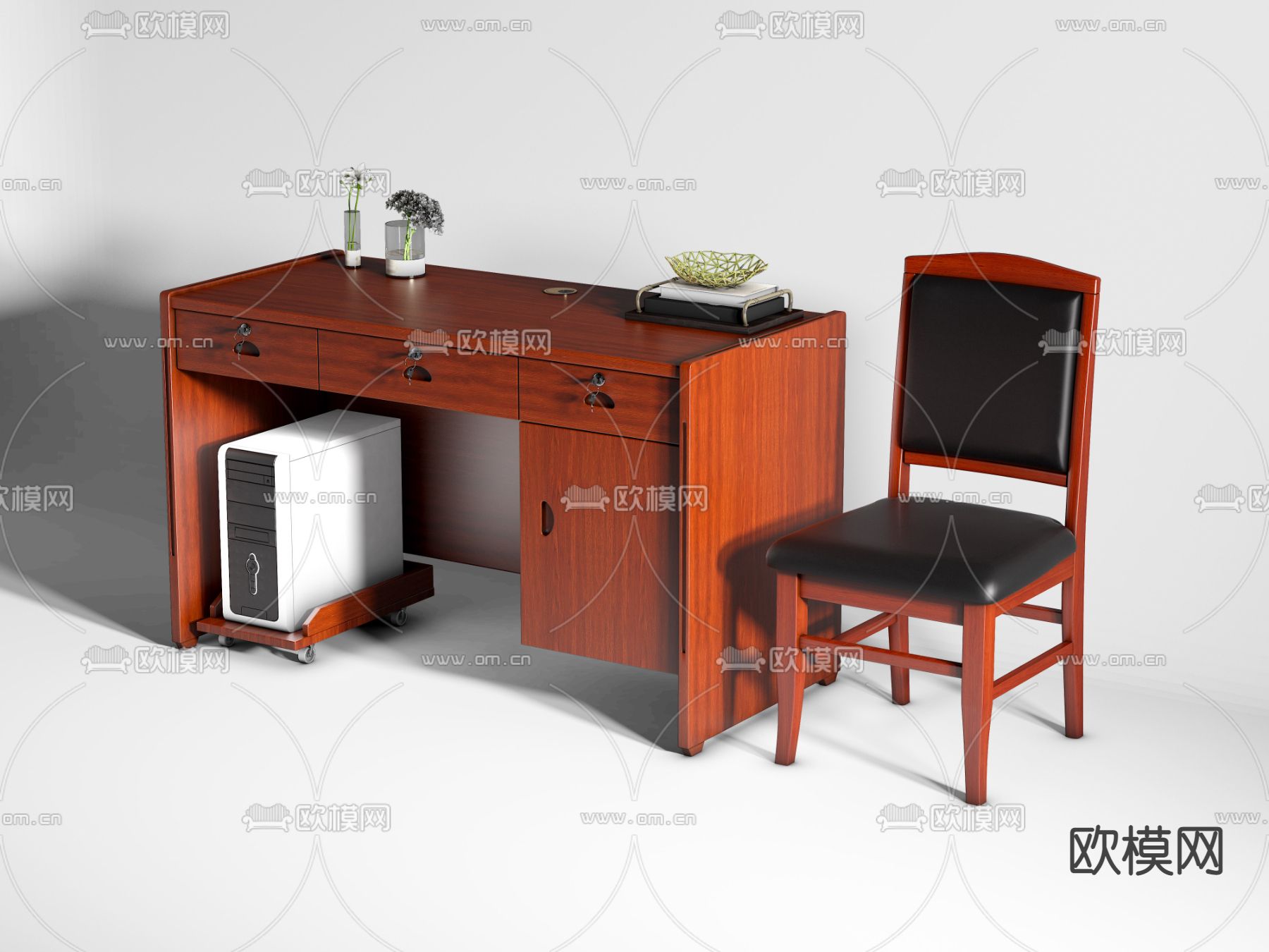 现代班台桌su模型下载（渲染图1）