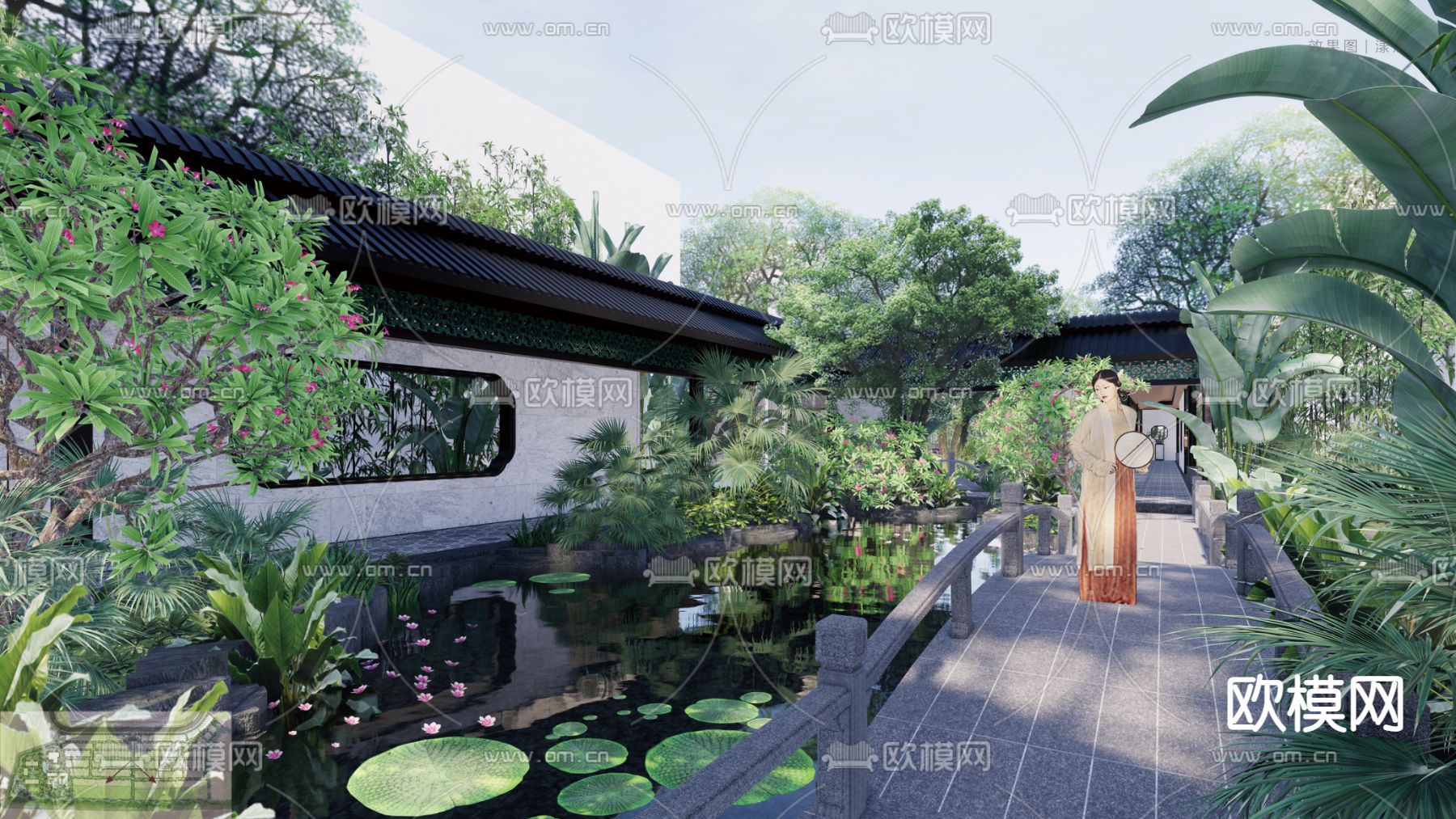 中式庭院景观su模型下载（渲染图3）