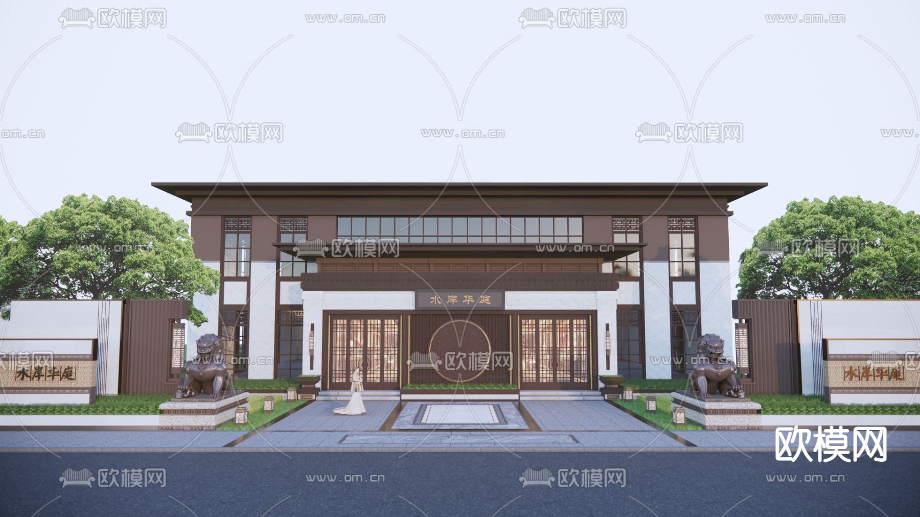 中式会所外观su模型下载（渲染图1）