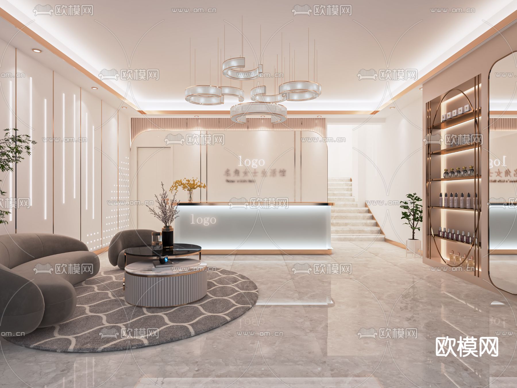 新中式美容院大厅su模型下载