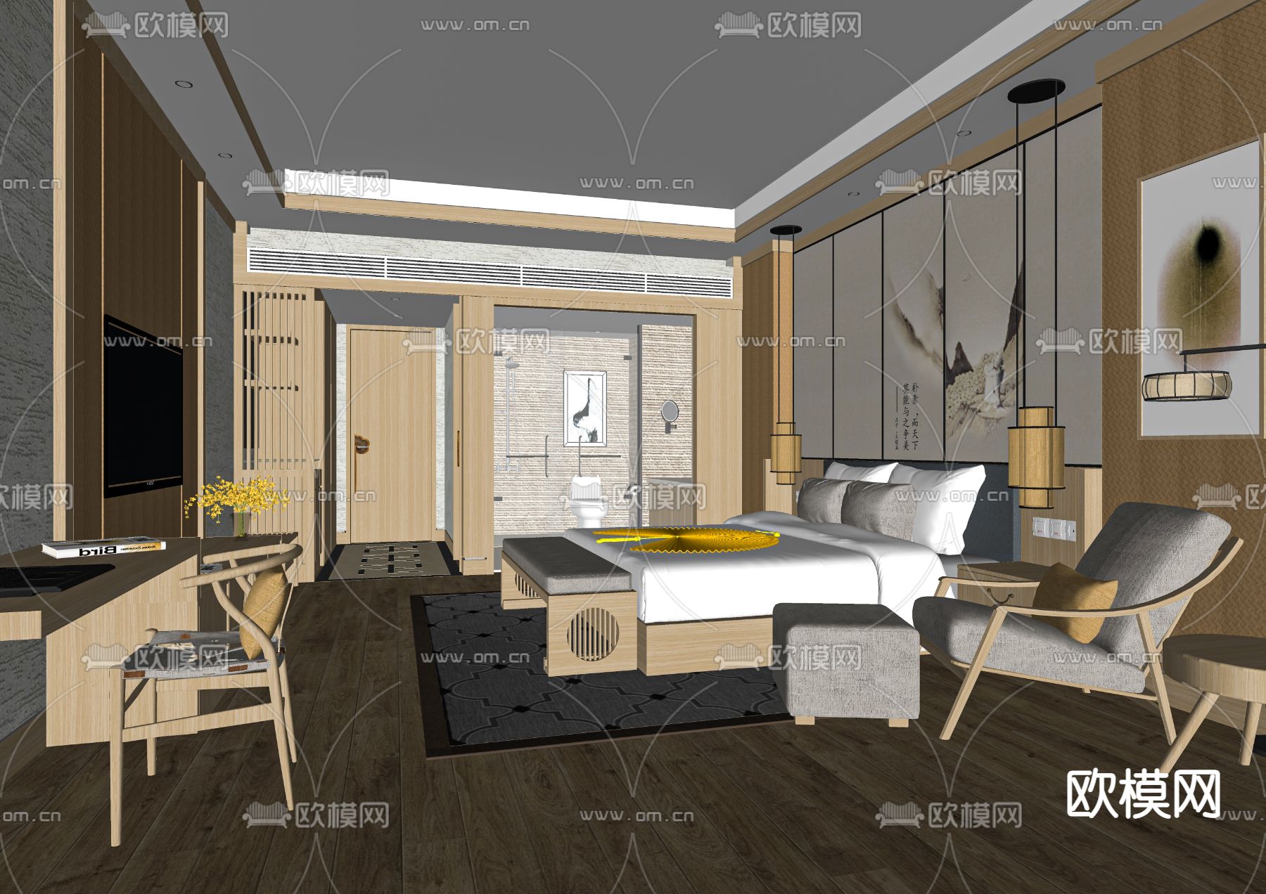 新中式酒店客房 大床房su模型下载