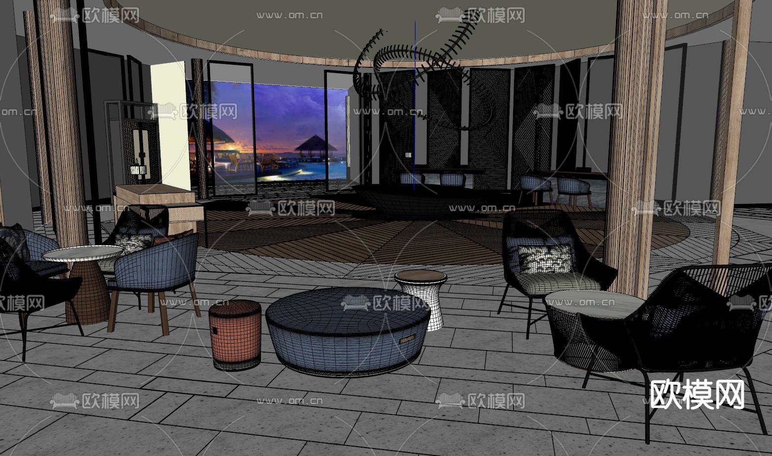 新中式酒店 大堂吧su模型下载（渲染图2）