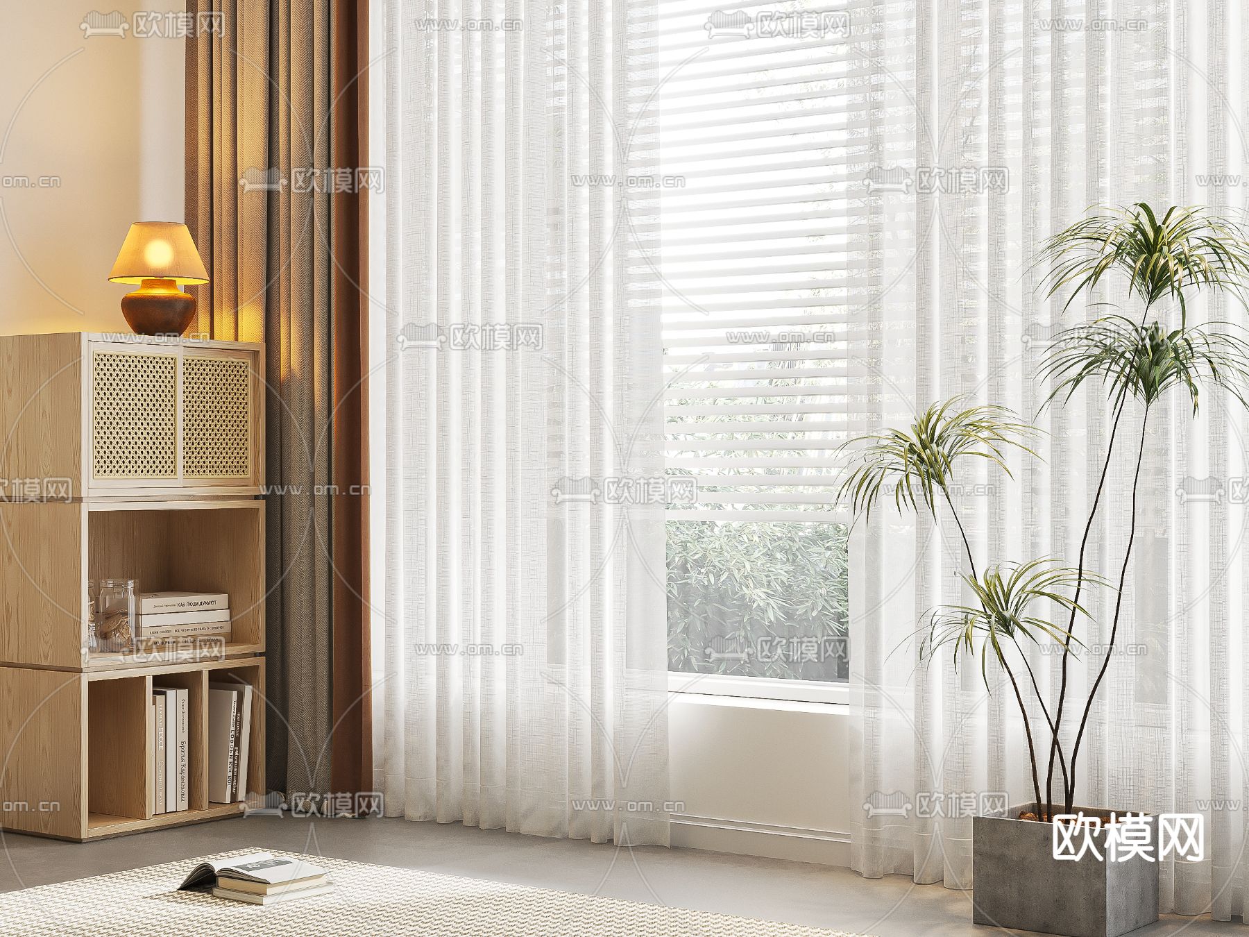 北欧素色窗帘 窗纱su模型下载（渲染图1）