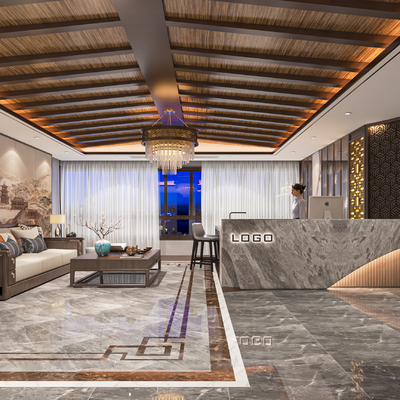  新中式美容院大厅su模型 