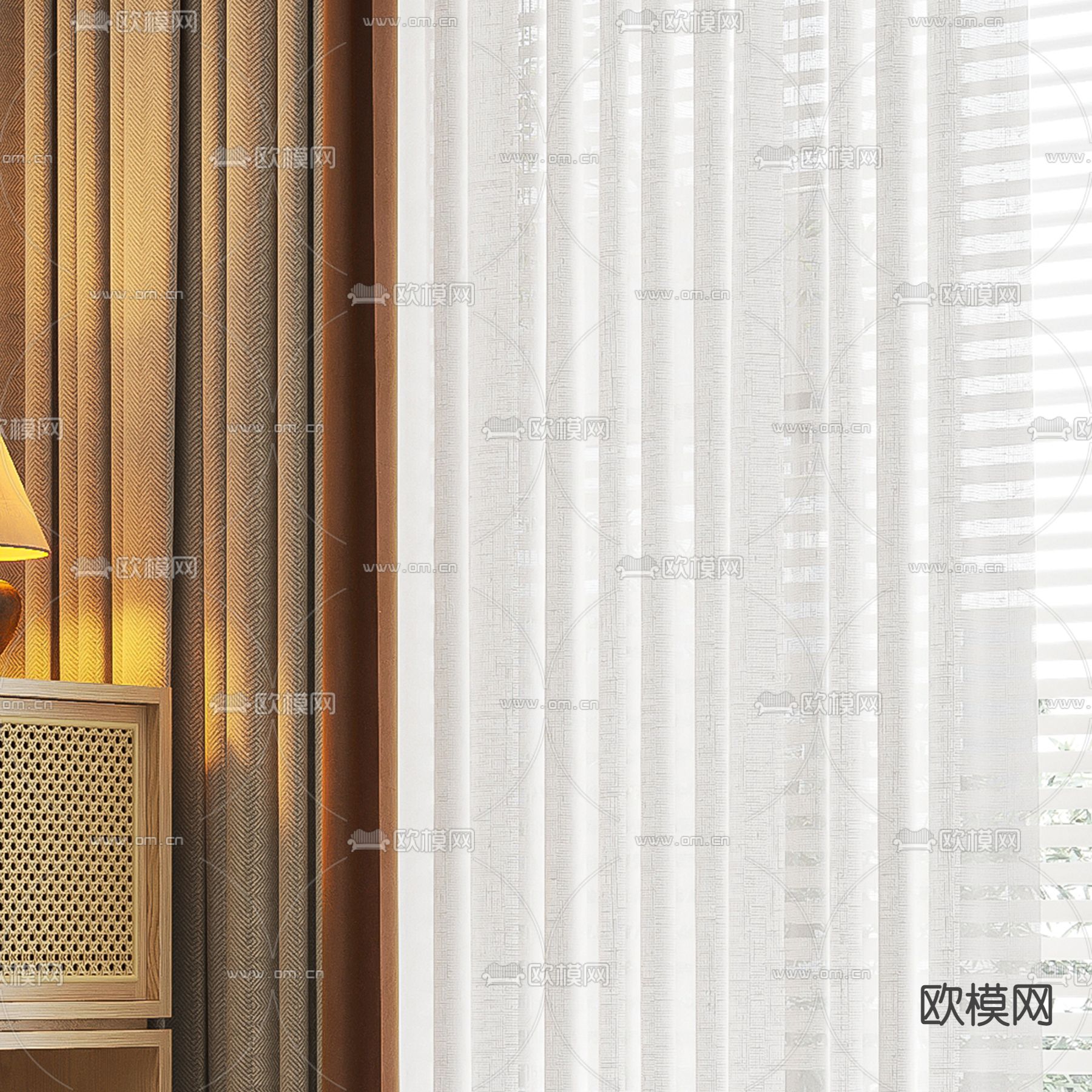 北欧素色窗帘 窗纱su模型下载（渲染图2）