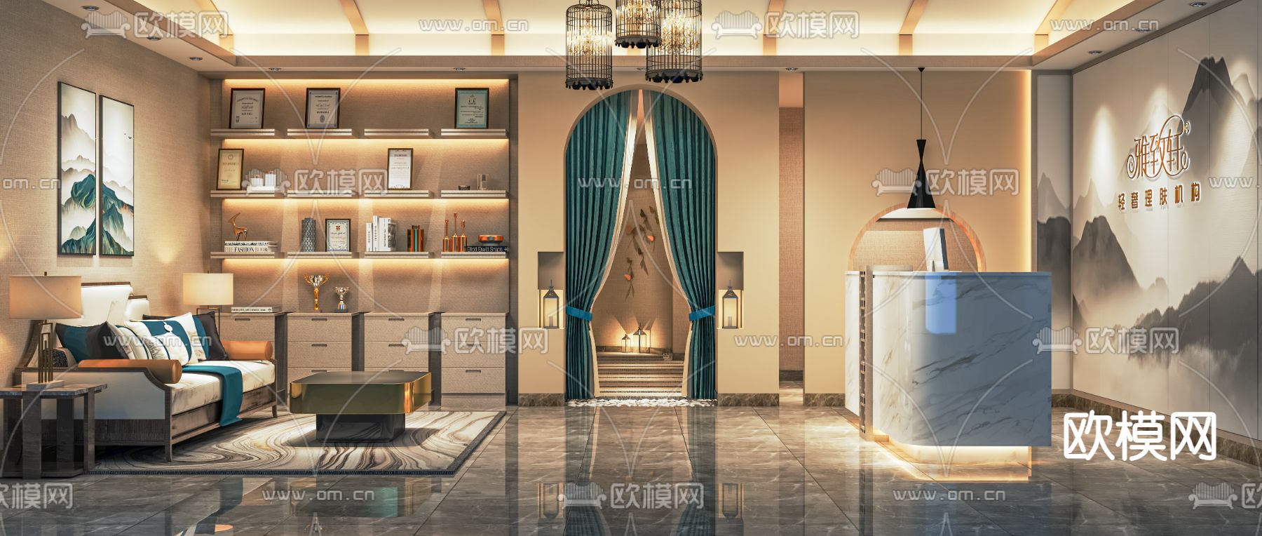 新中式美容院大厅su模型下载