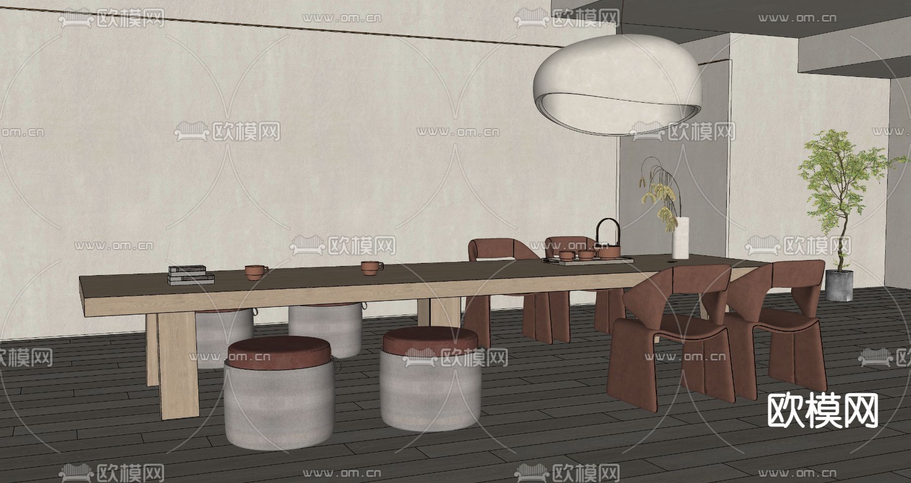 新中式茶桌 茶台su模型下载（渲染图3）