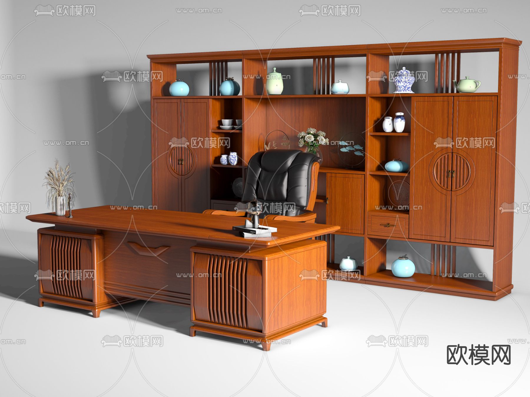 新中式班台桌椅su模型下载（渲染图2）