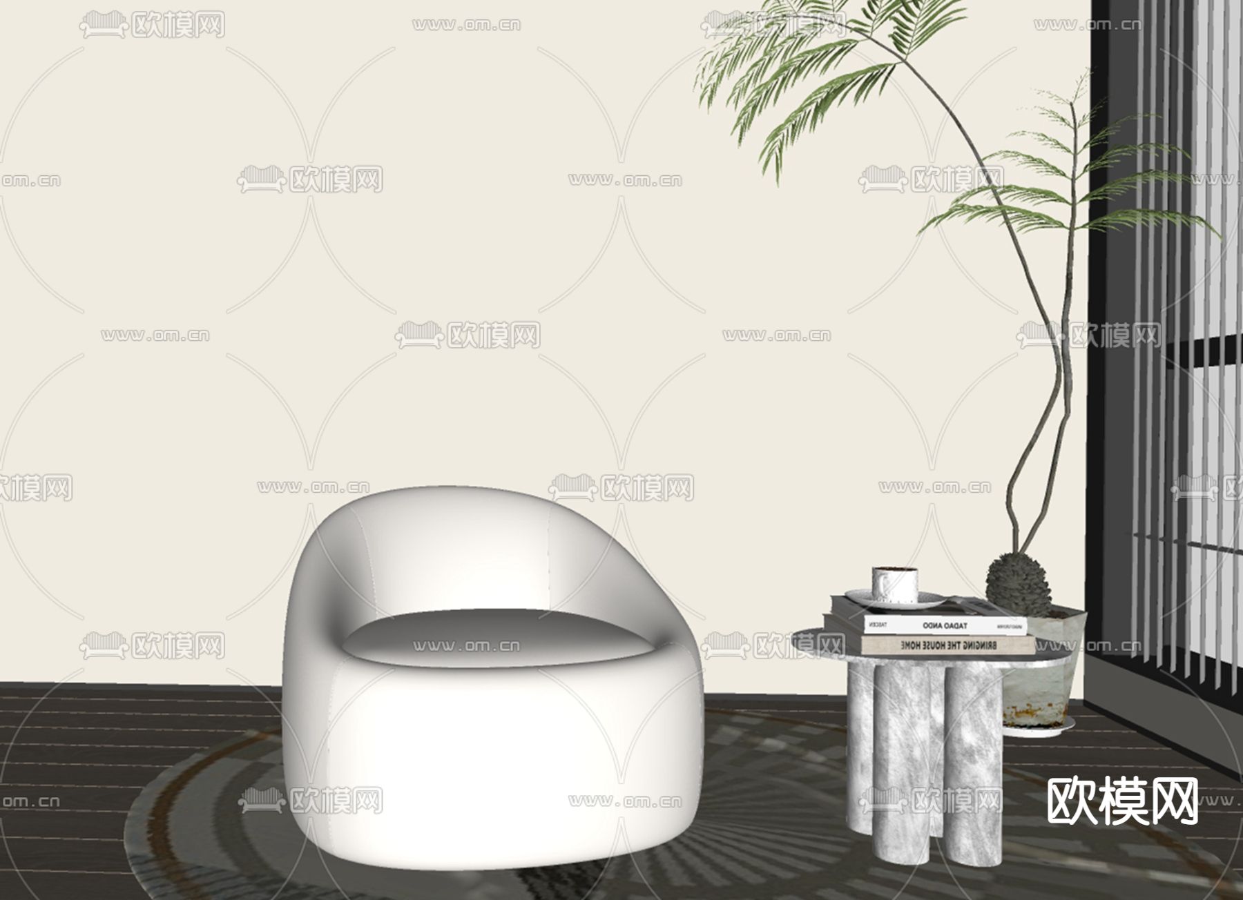 奶油风休闲沙发su模型下载（渲染图2）