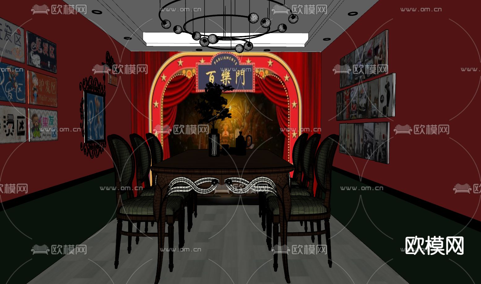 复古剧本杀 桌游室su模型下载（渲染图2）