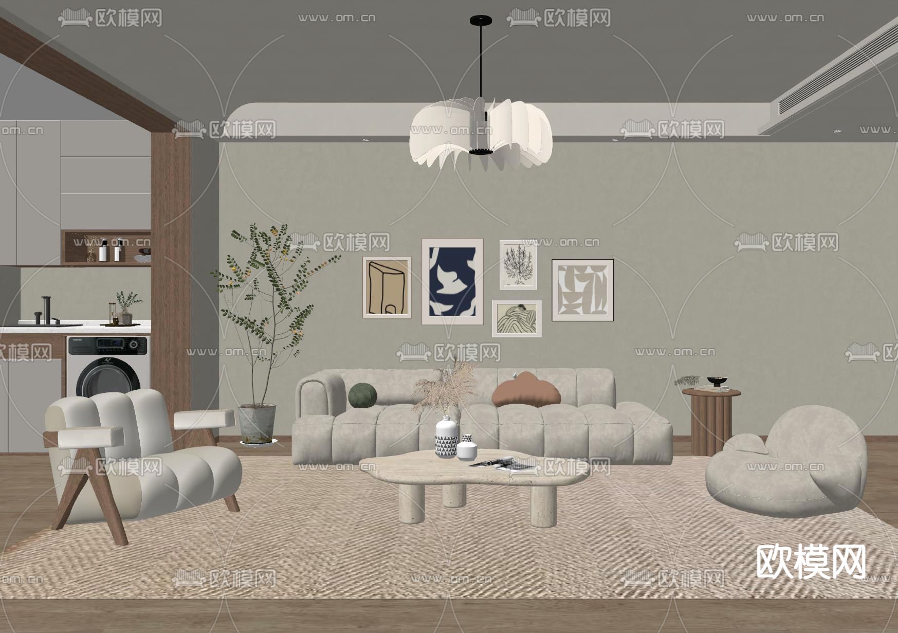 奶油风客厅su模型下载（渲染图2）