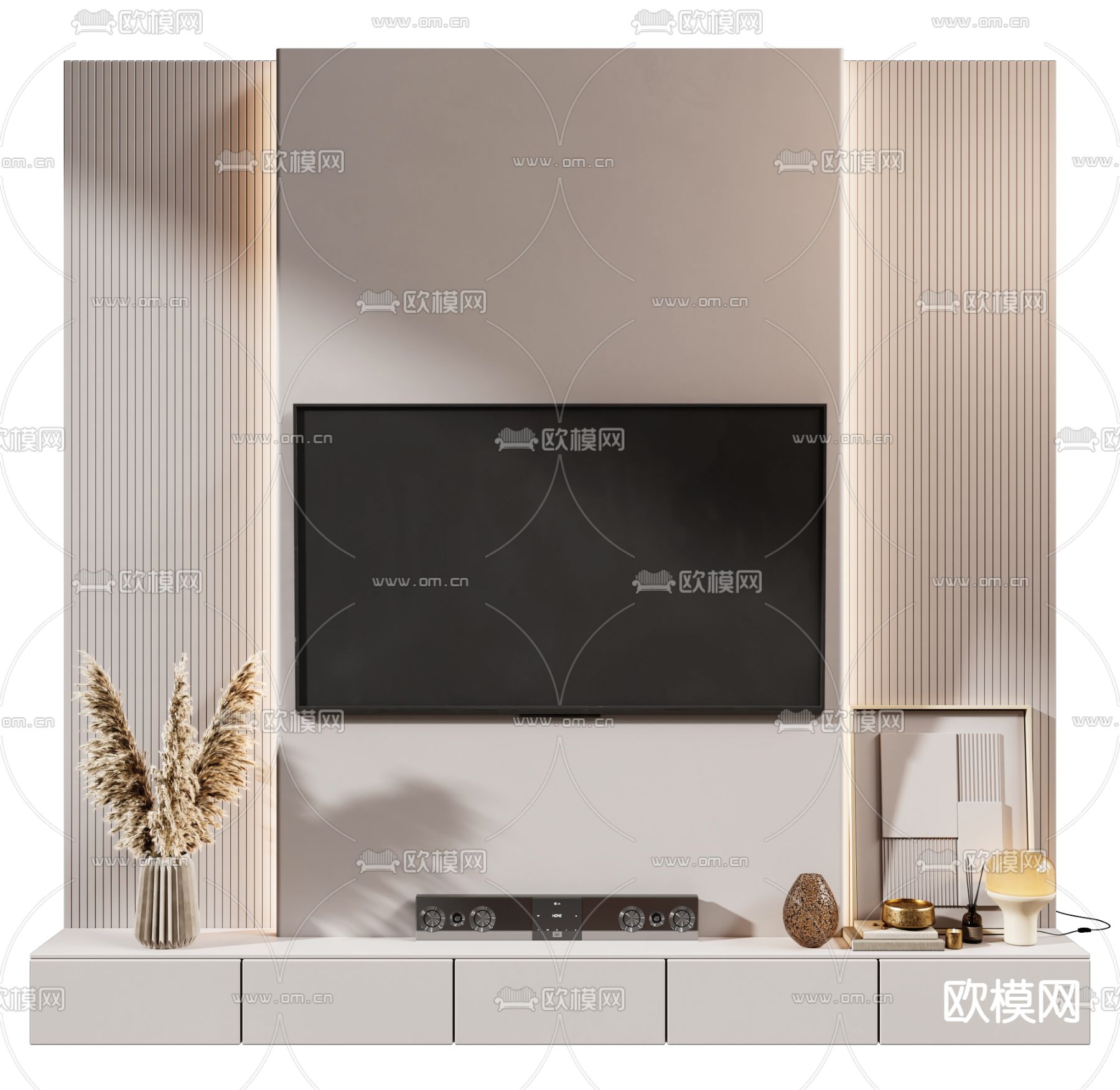奶油电视背景su模型下载（渲染图1）
