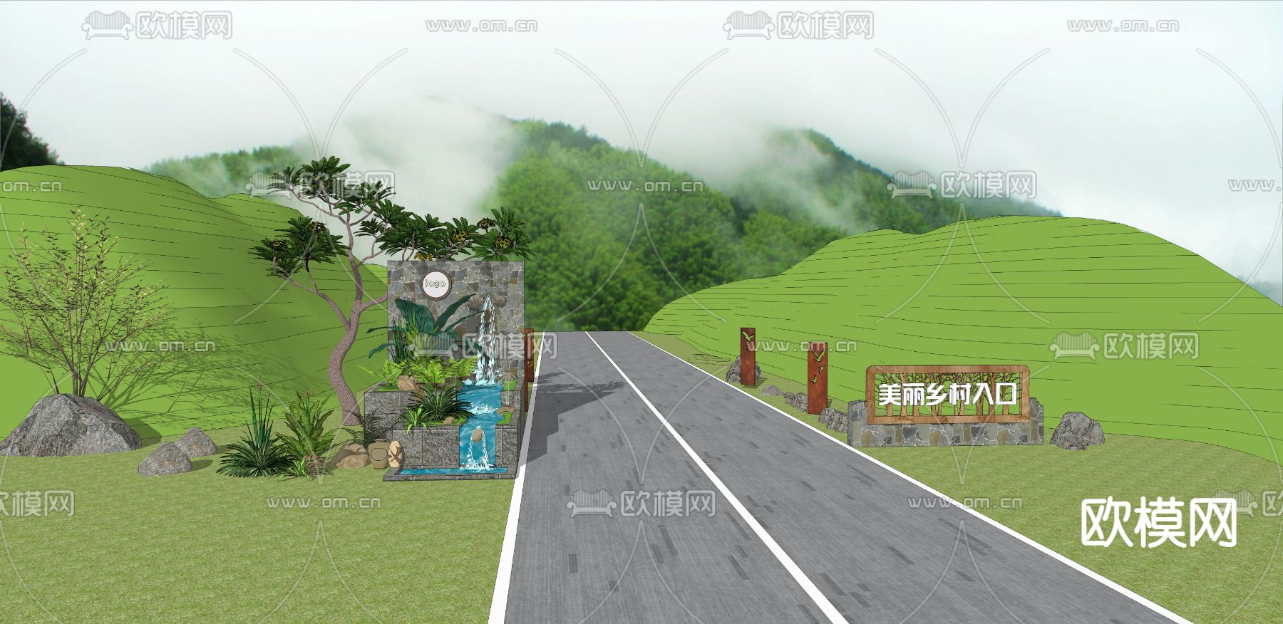 自然风美丽乡村入口景观su模型下载（渲染图3）